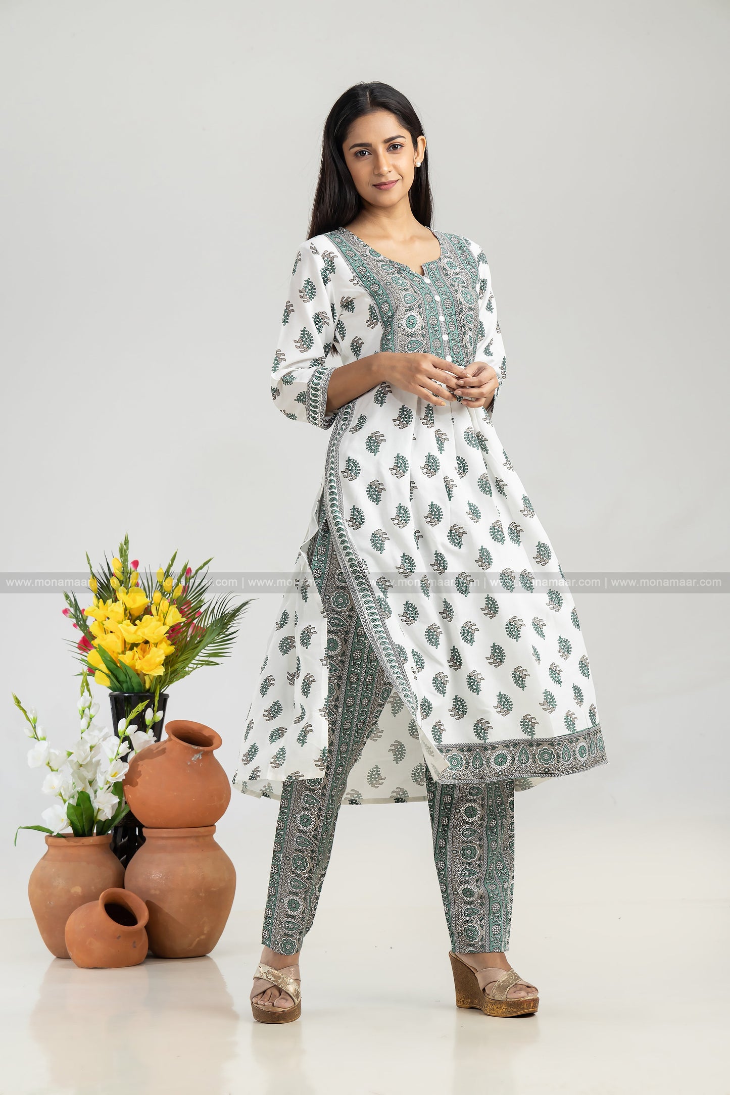 White Green Kurti Set