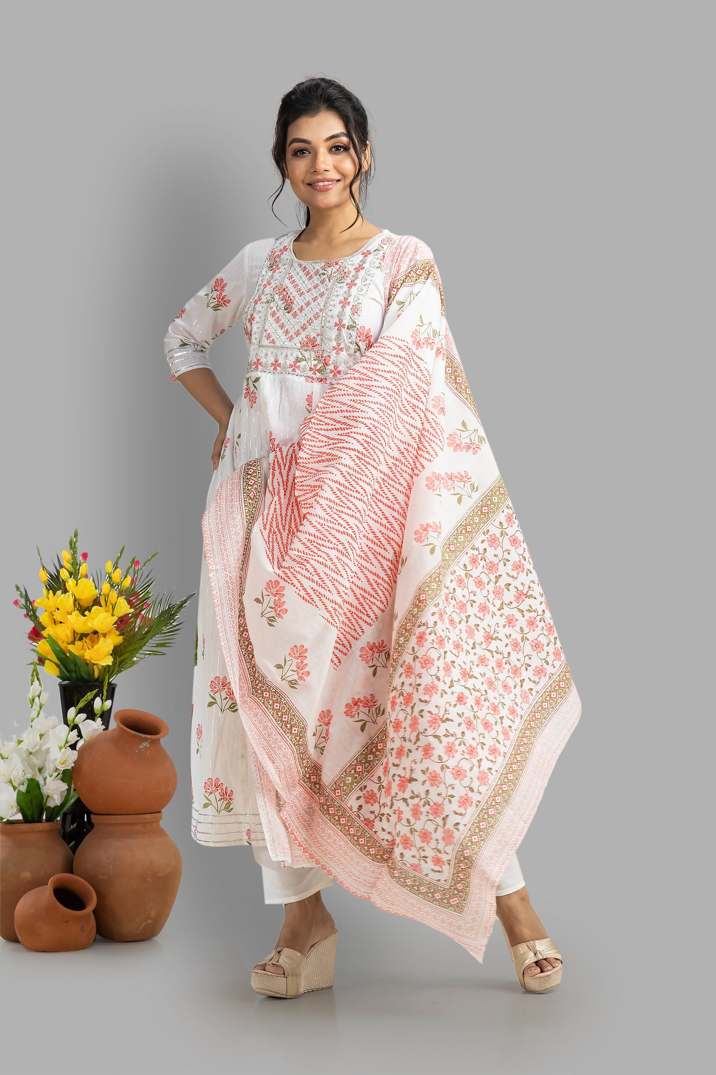 White FLoral Kurti Set