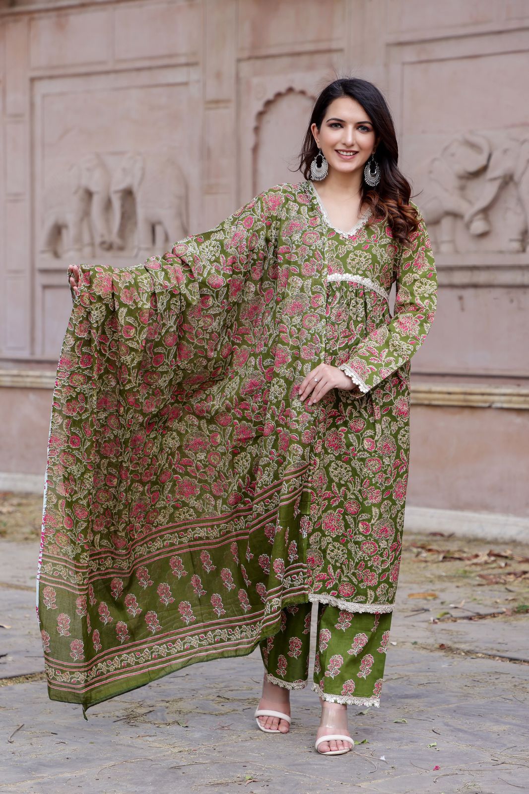 Olive Fresh Floral Kurti Set