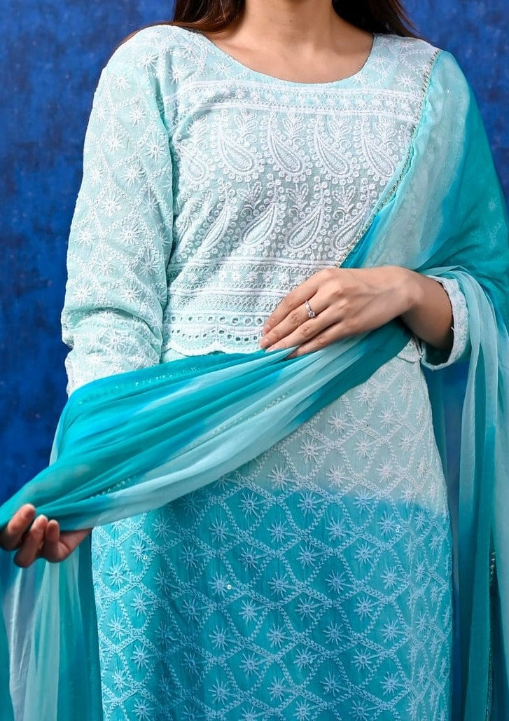 Inspiring Feroza Blue Double shaded Schiffli Chikankari suit set