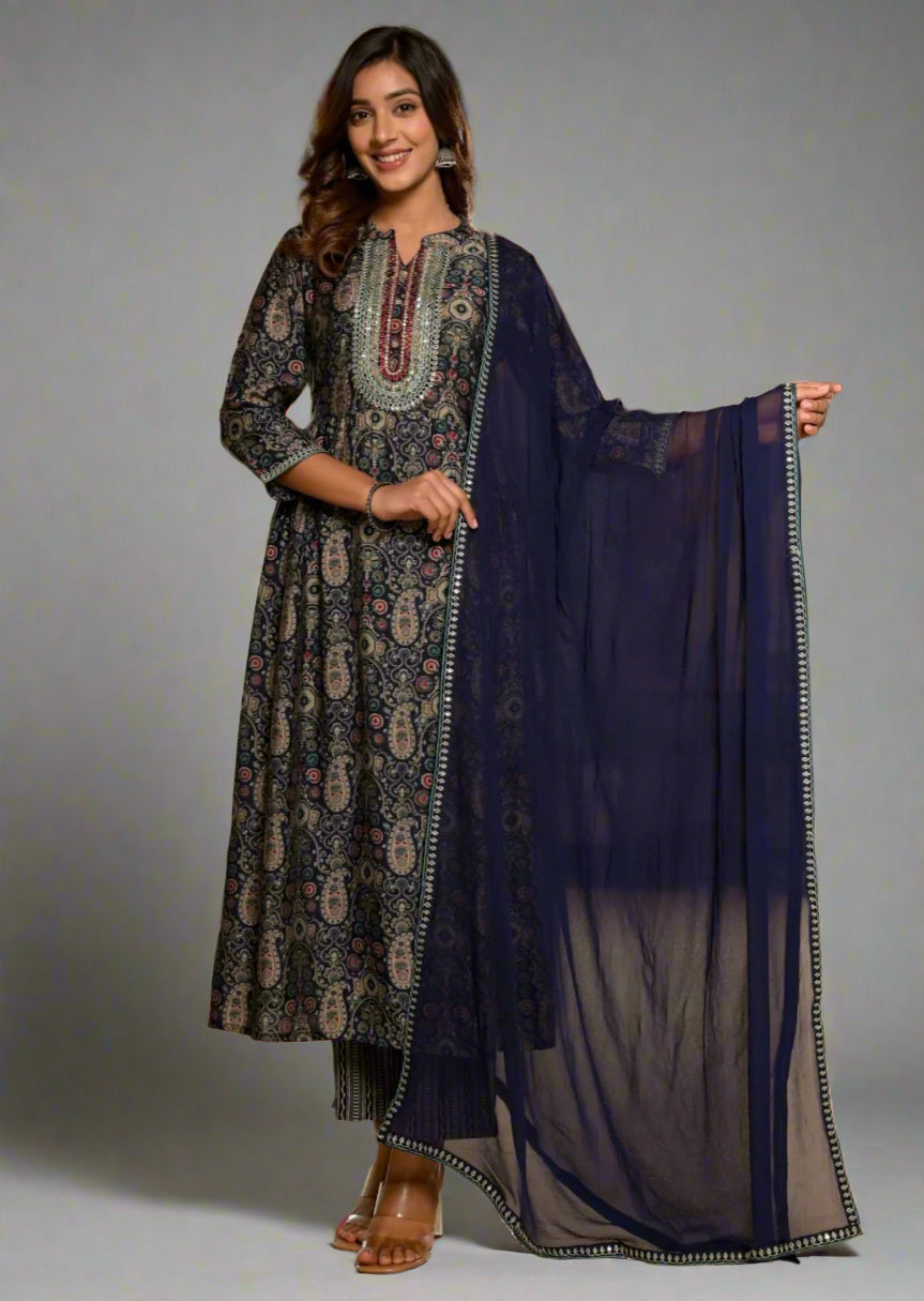 Paisley Fusion Printed Muslin Party Wear Kurti Set