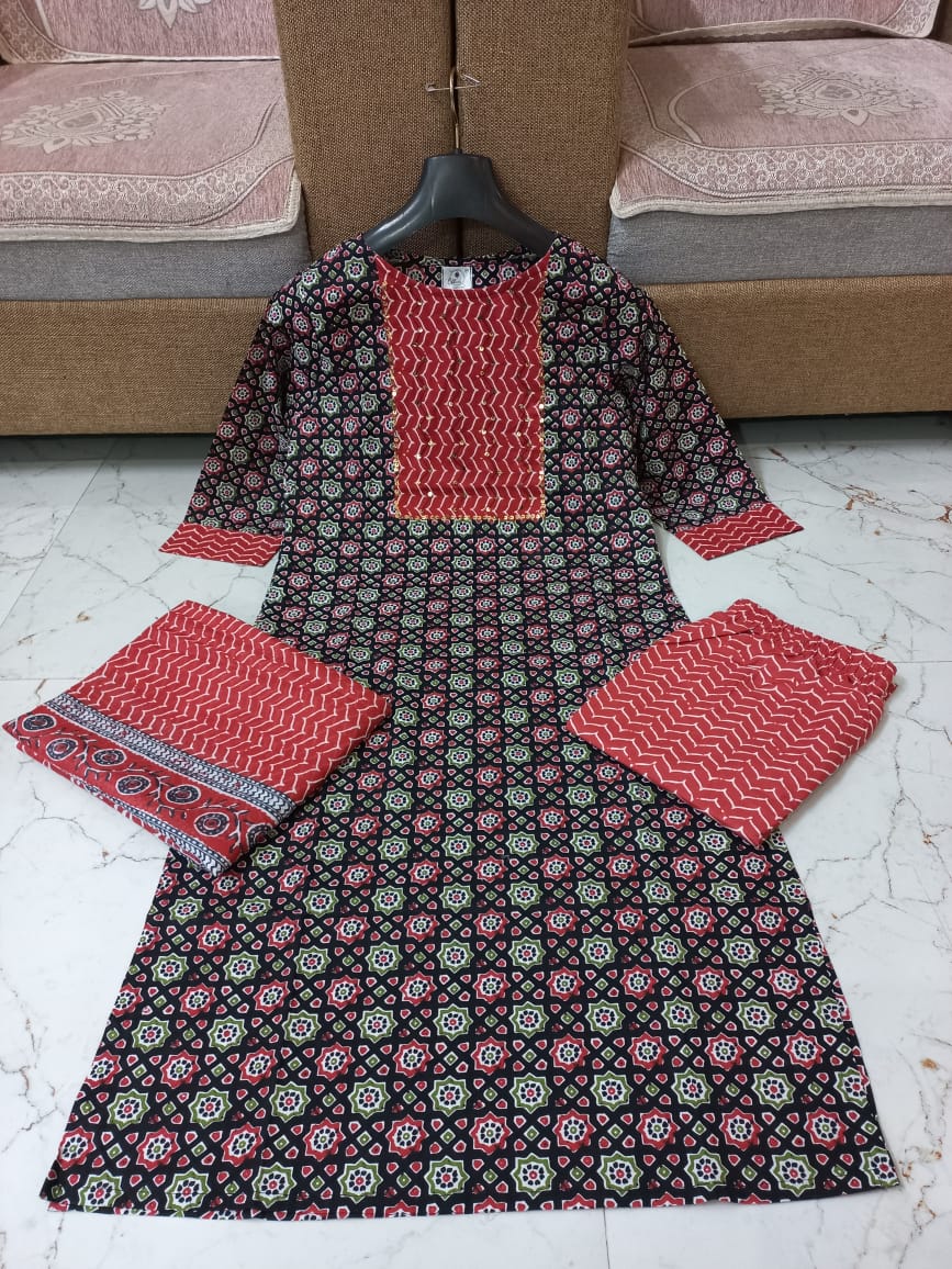 Symphony Of Black Red Jaipuri Kurti Set
