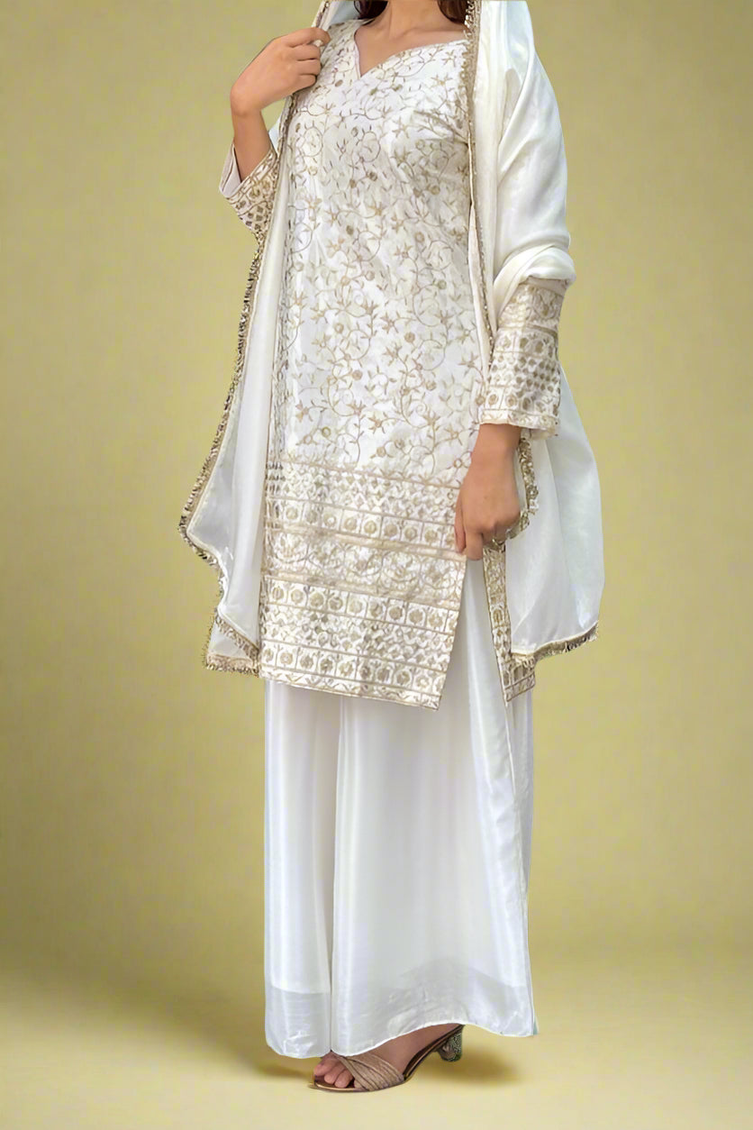Warmest Wishes Chinnon Silk White Kurti Set