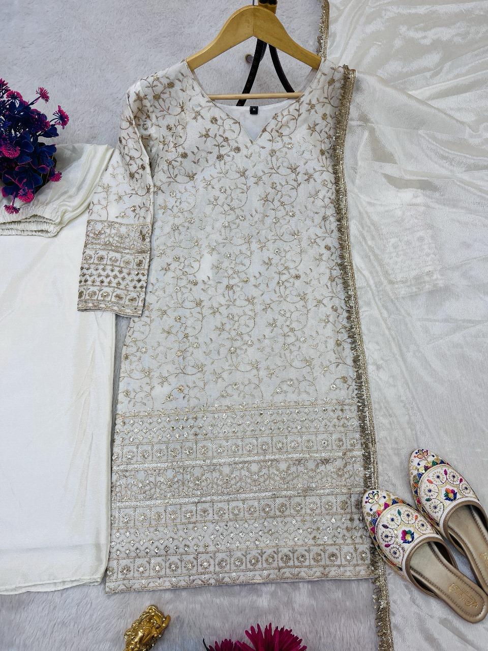 Warmest Wishes Chinnon Silk White Kurti Set