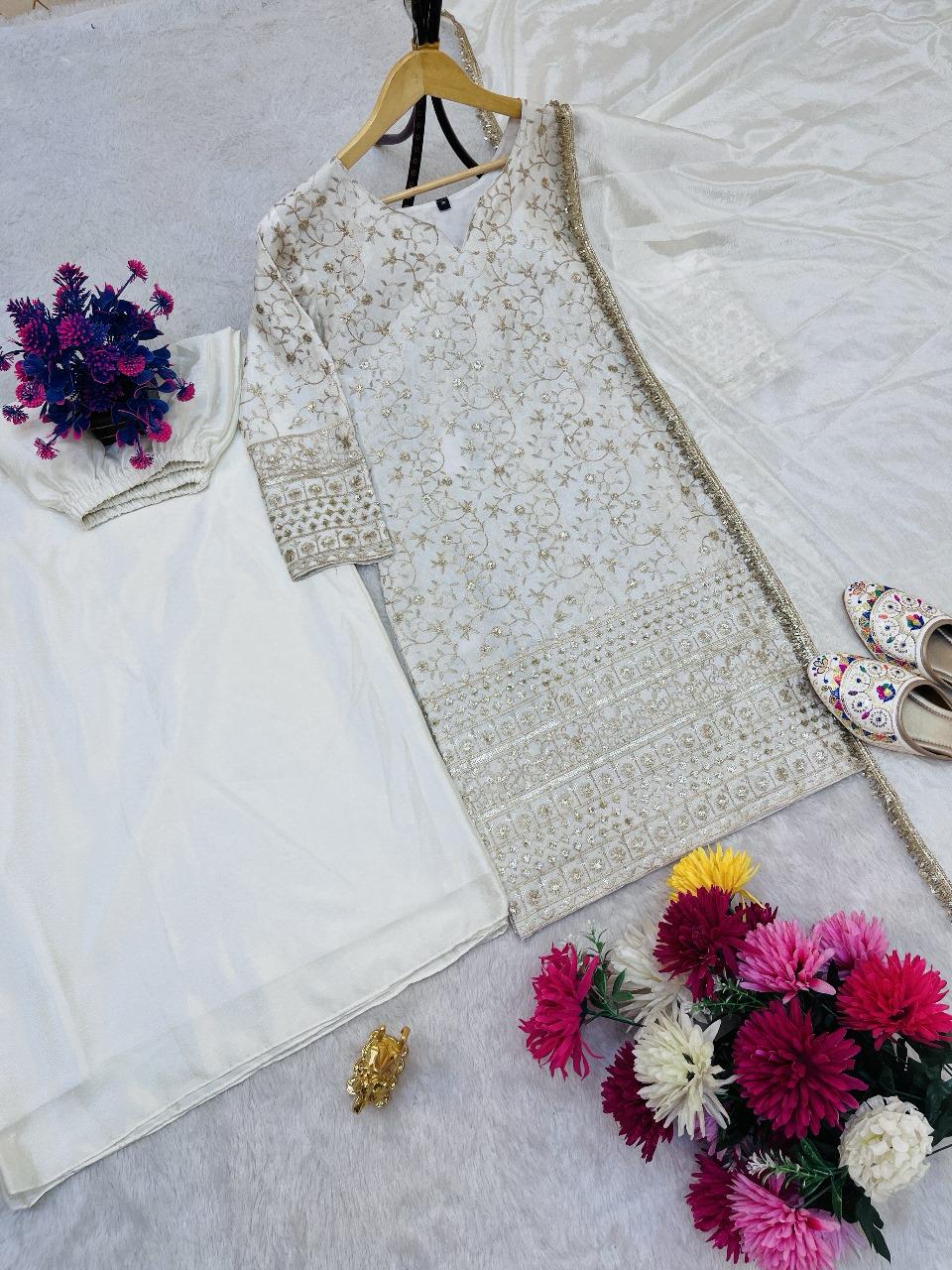 Warmest Wishes Chinnon Silk White Kurti Set