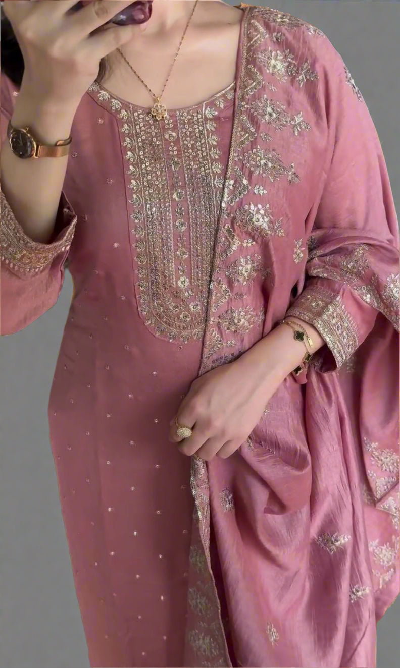 In The Festivemood Chinnon Silk Pink Kurti Set
