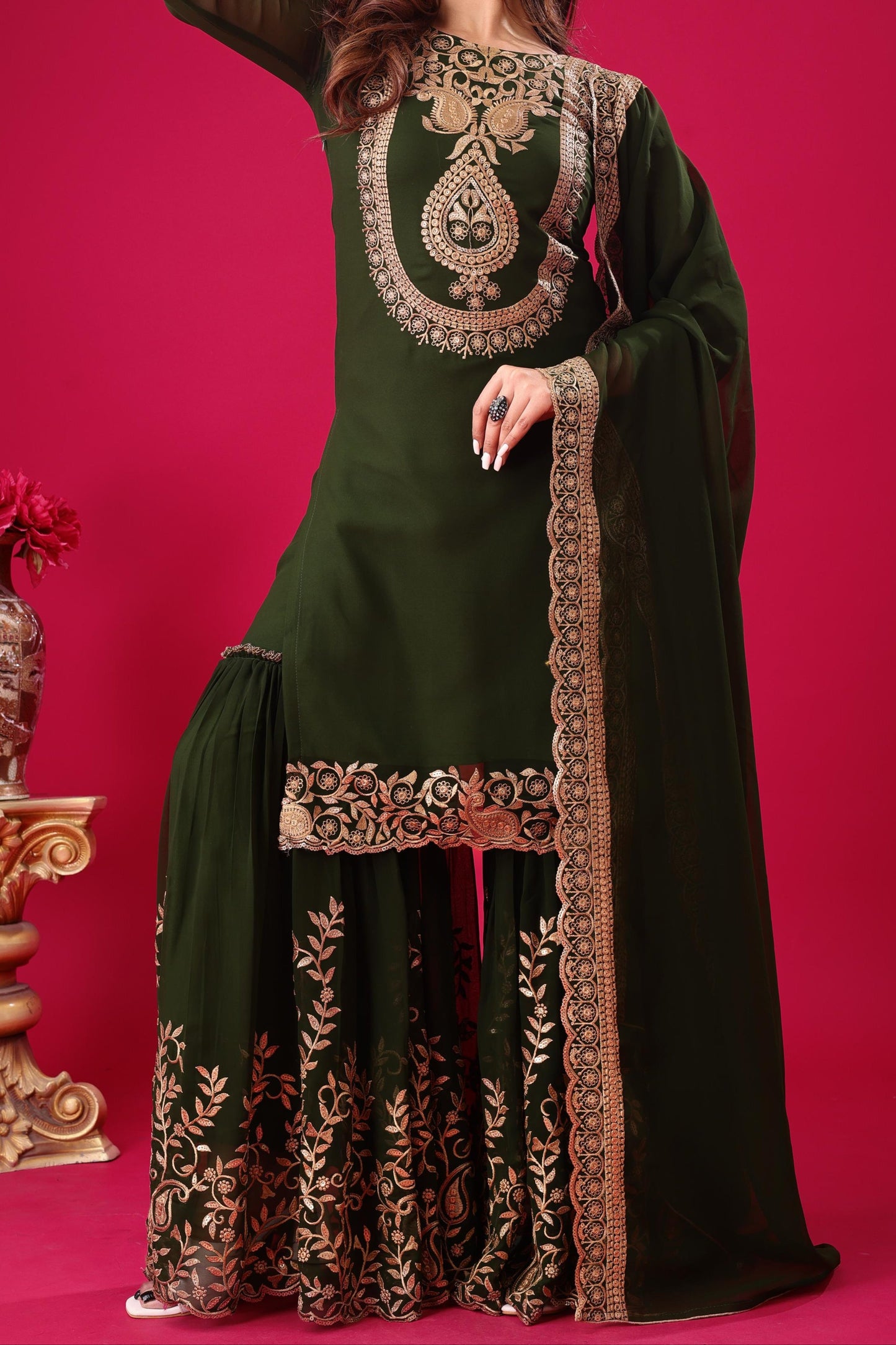Over The Rainbow Georgette Green Kurti Set