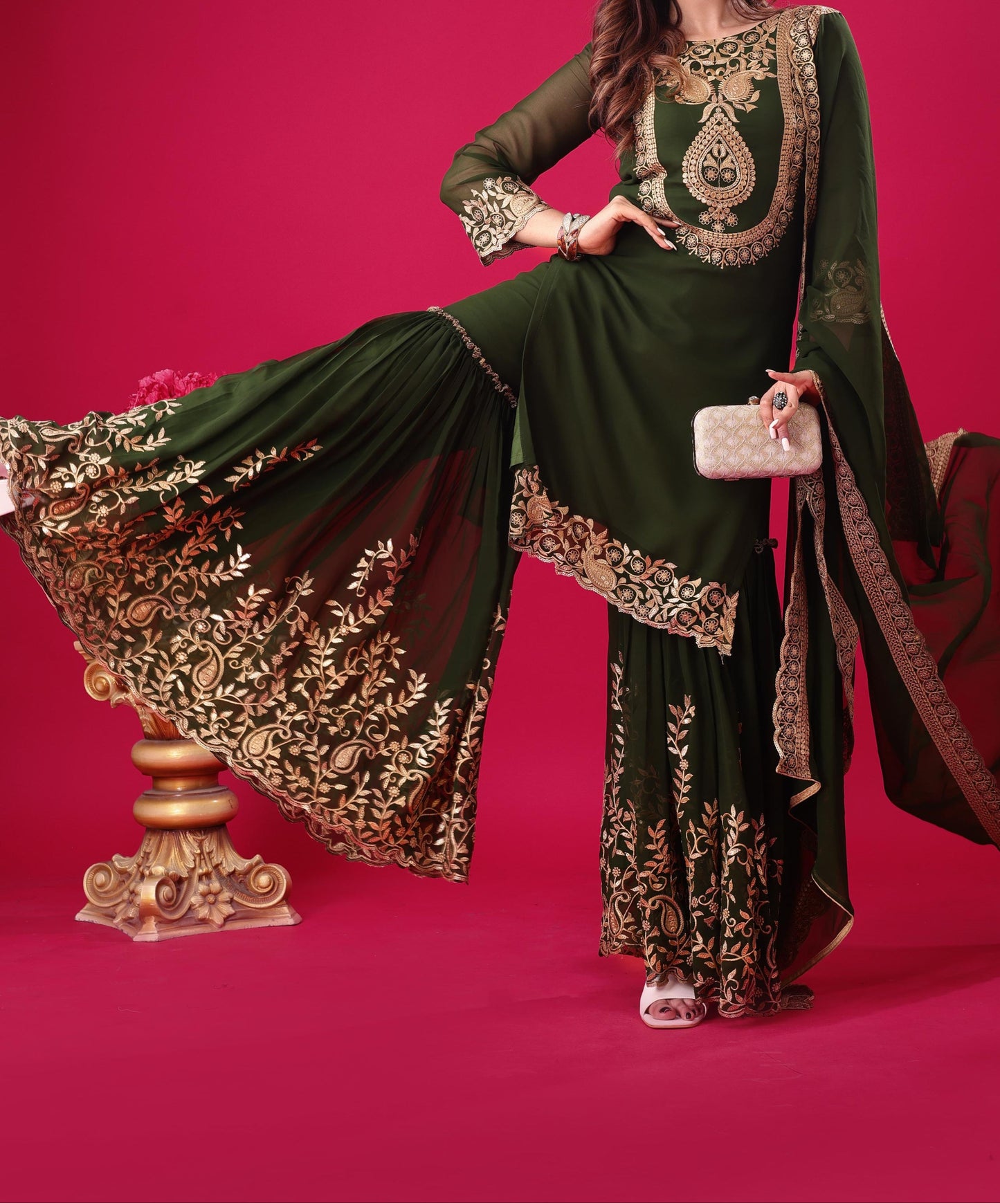 Over The Rainbow Georgette Green Kurti Set