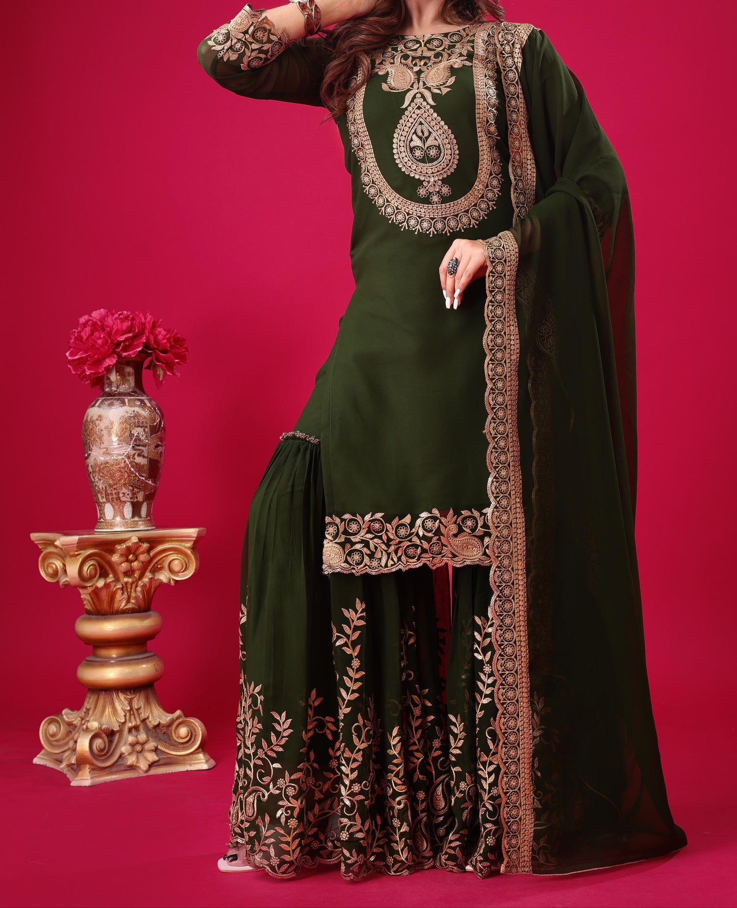 Over The Rainbow Georgette Green Kurti Set