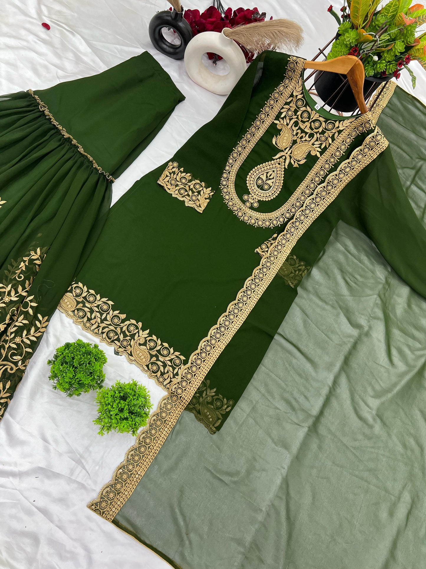 Over The Rainbow Georgette Green Kurti Set