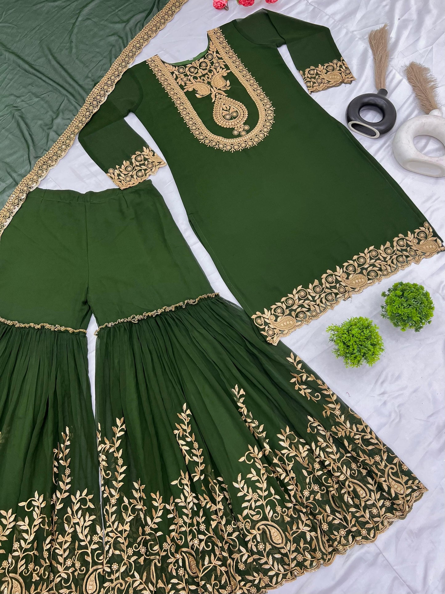 Over The Rainbow Georgette Green Kurti Set