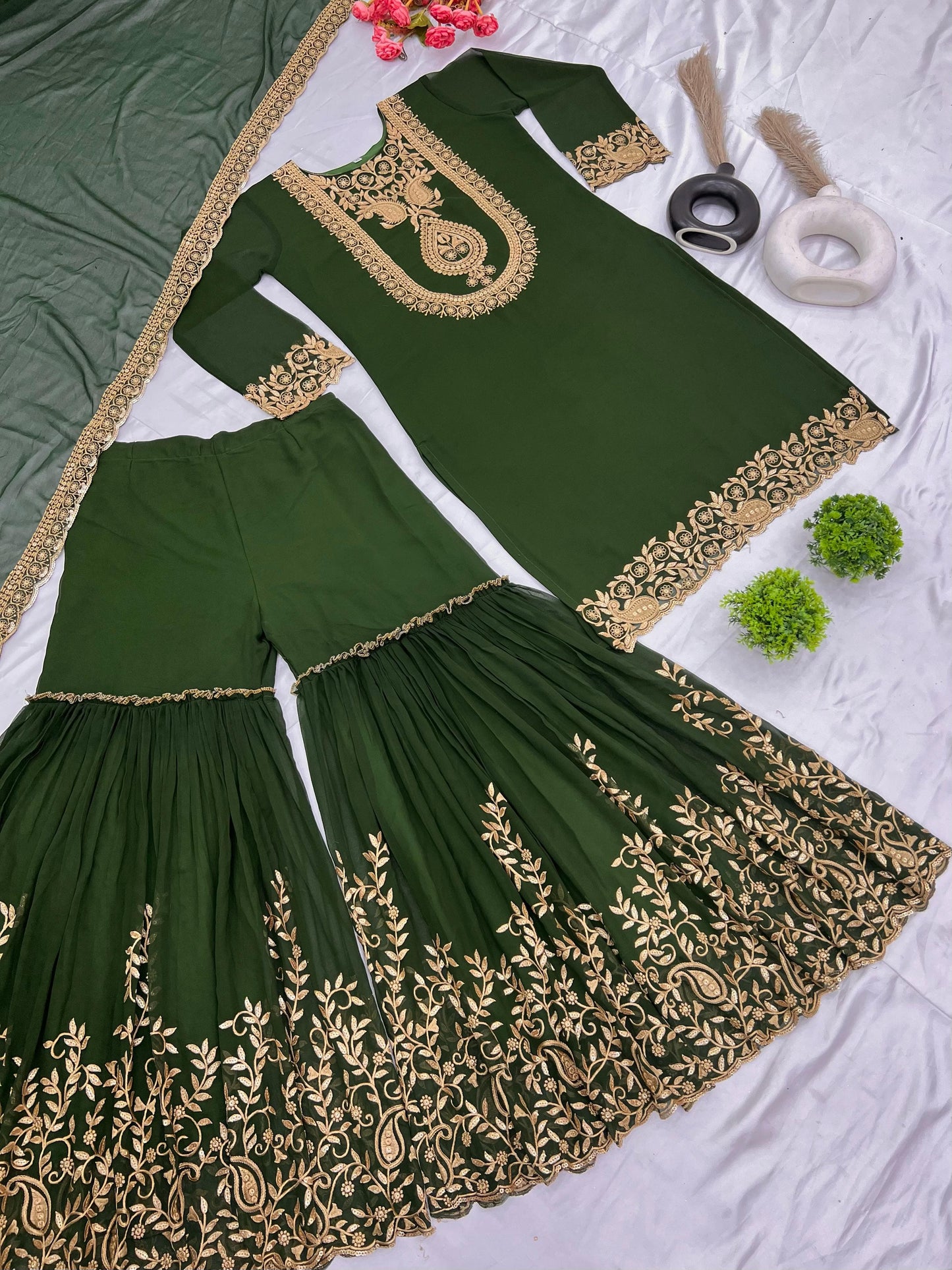 Over The Rainbow Georgette Green Kurti Set