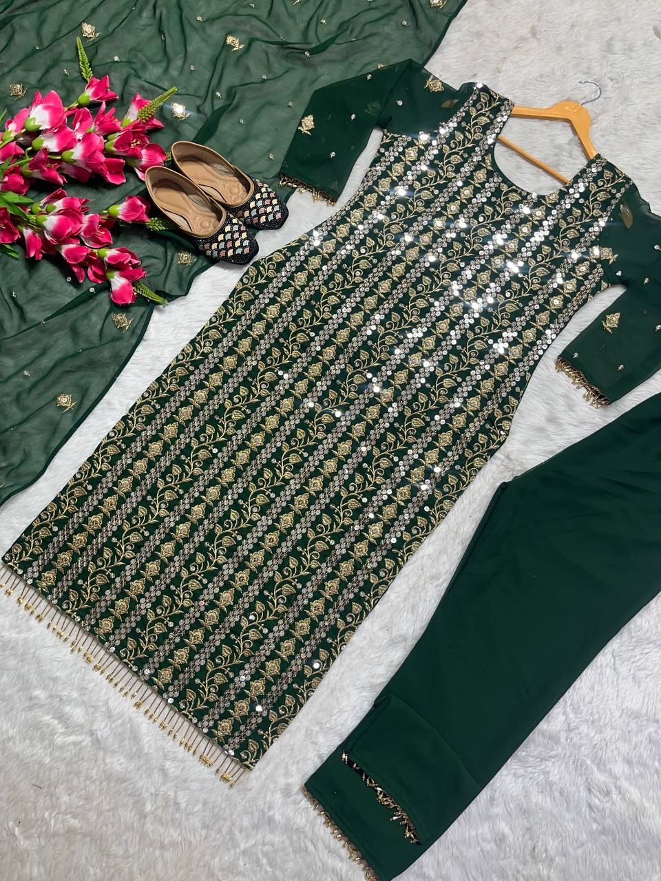 Love's Lasting Embrace Green Georgette Kurti Set