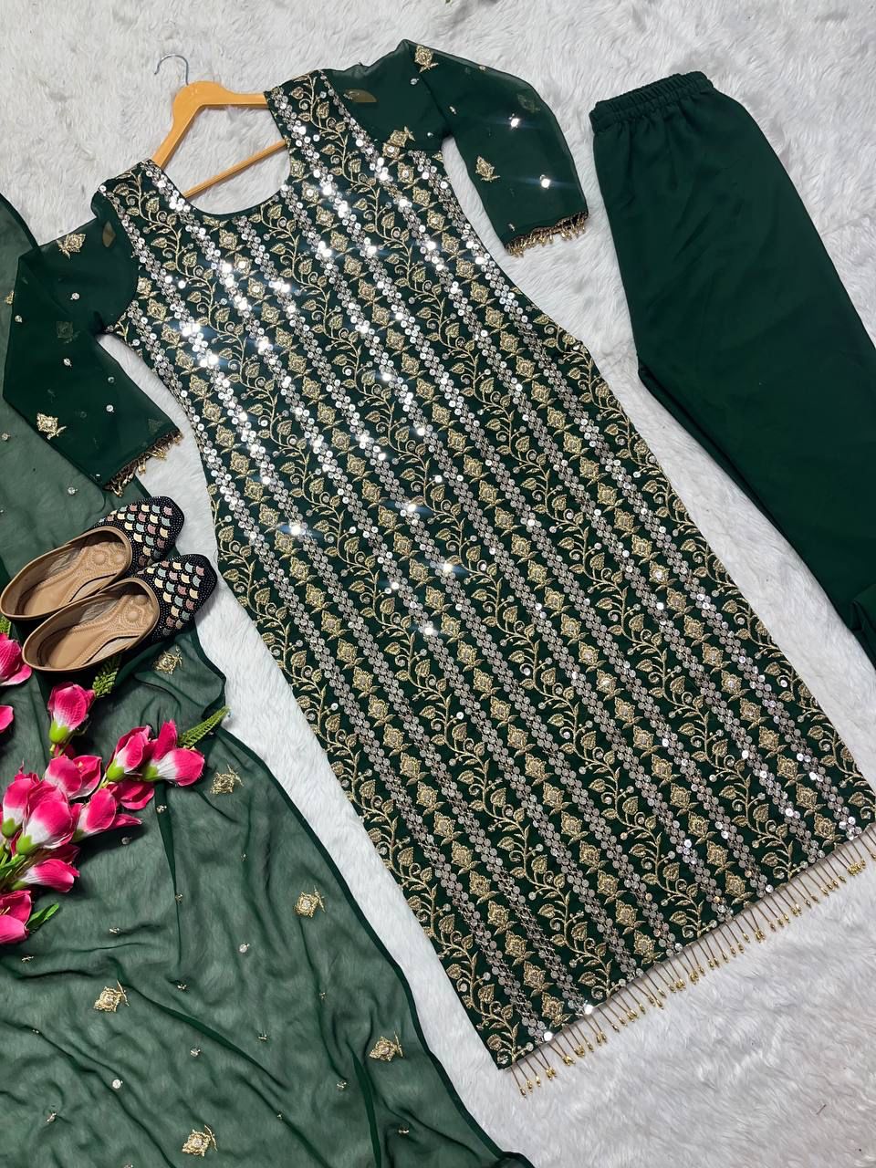 Love's Lasting Embrace Green Georgette Kurti Set