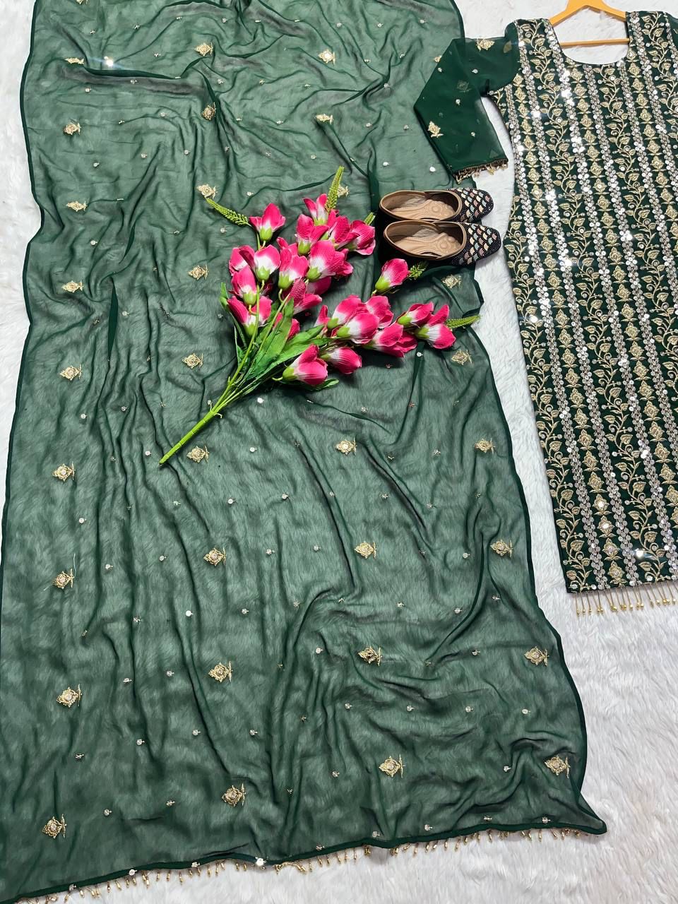Love's Lasting Embrace Green Georgette Kurti Set