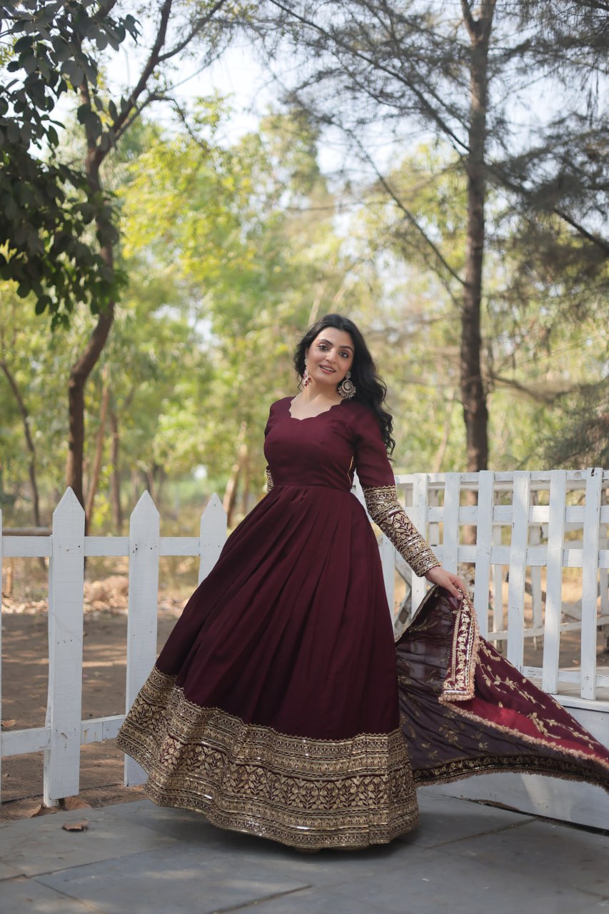 Maroon Mehfil Georgette Gown Set