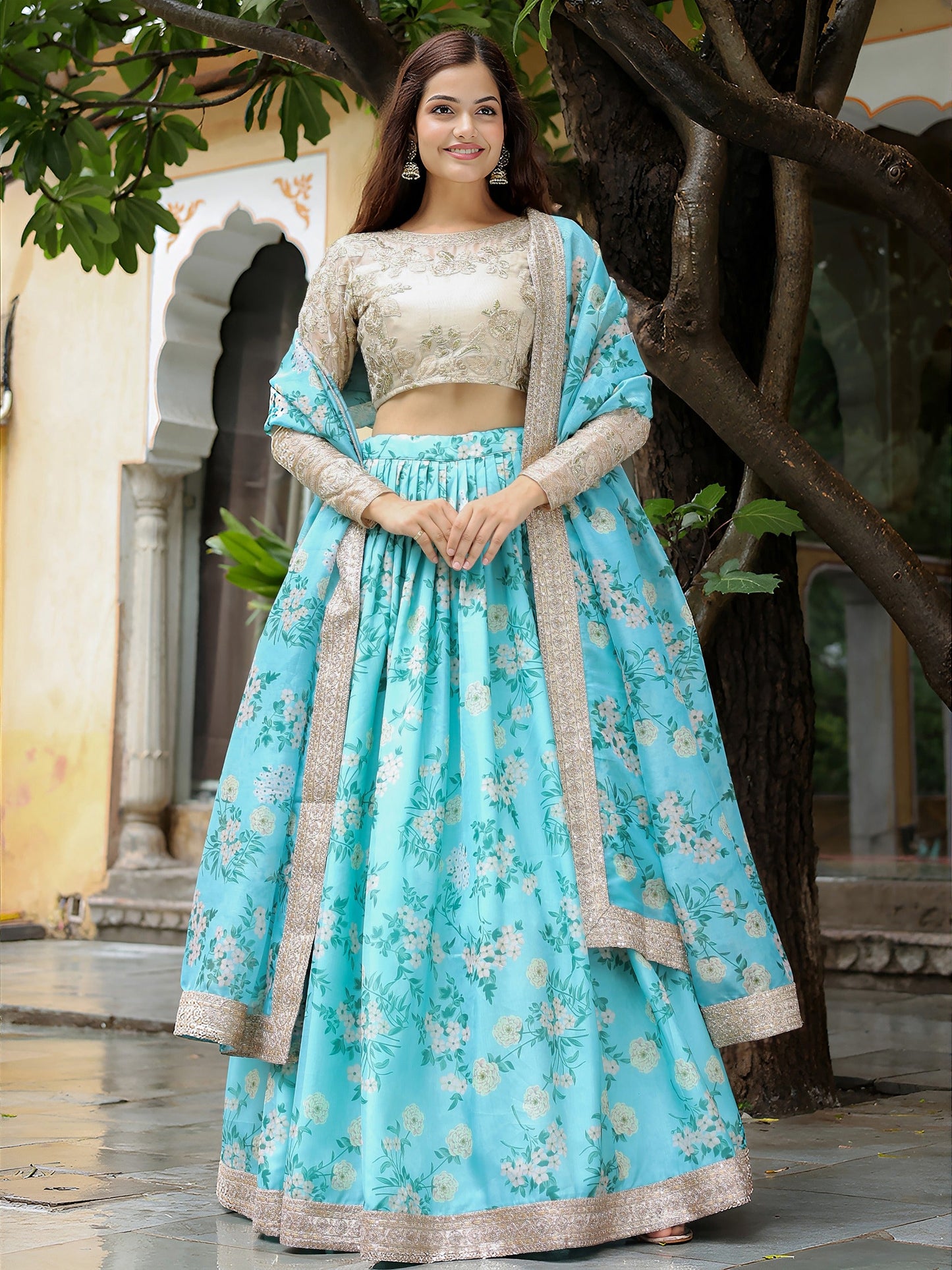 Neel Phool Organza Lehenga