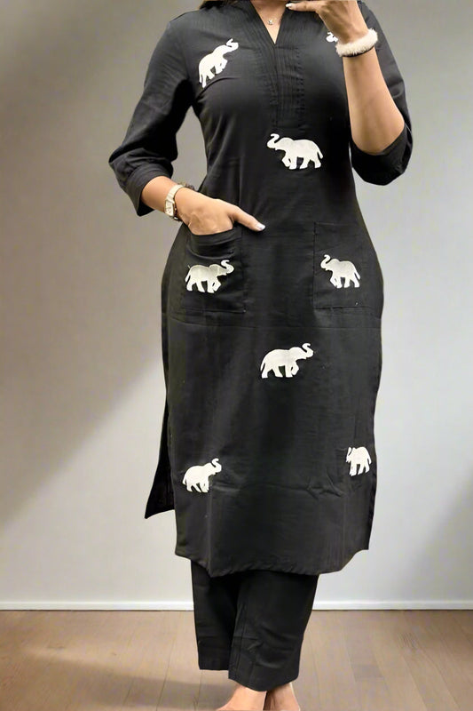 Elephant Design Cotton Kurti Set