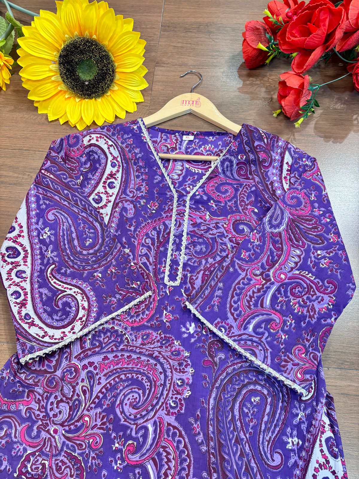 Purple Heart Cotton kurti Set - With Tulip Style Pant