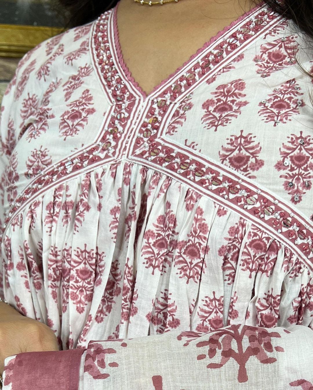 White Mauve Pink Anarkali Kurti Set