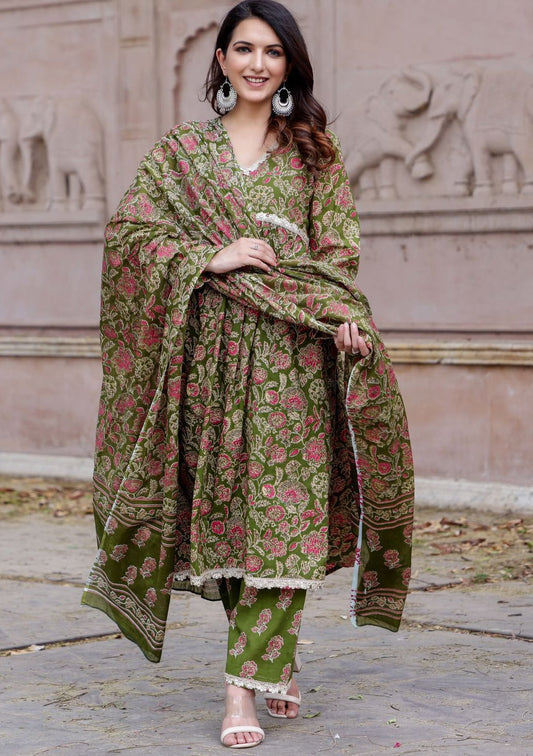 Olive Fresh Floral Kurti Set