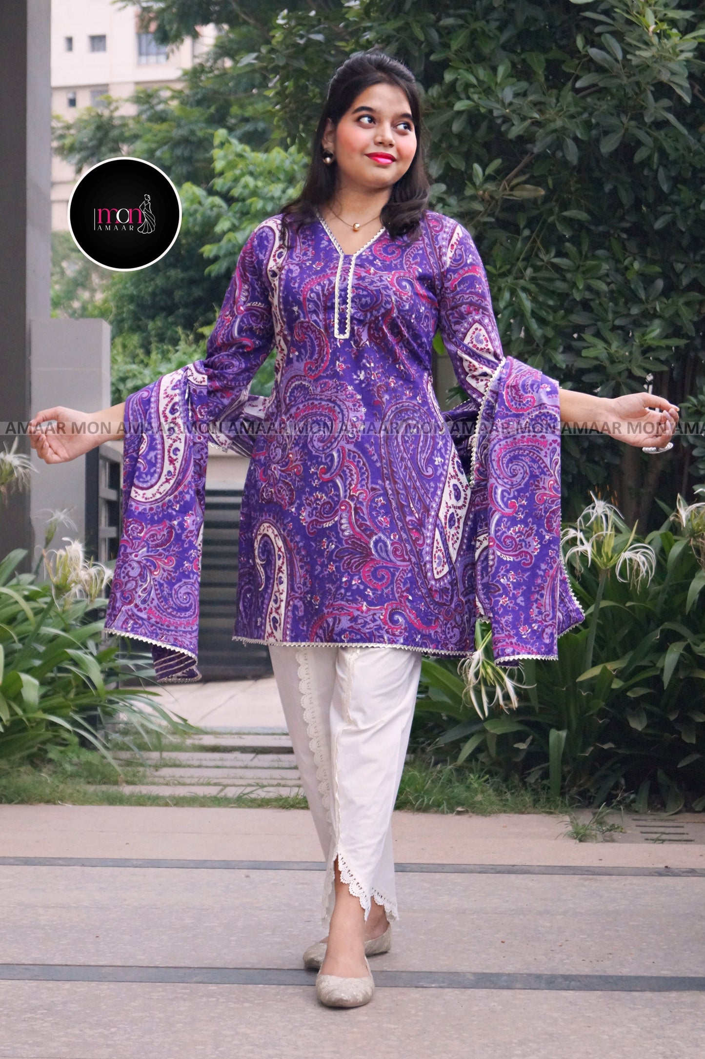 Purple Heart Cotton kurti Set - With Tulip Style Pant