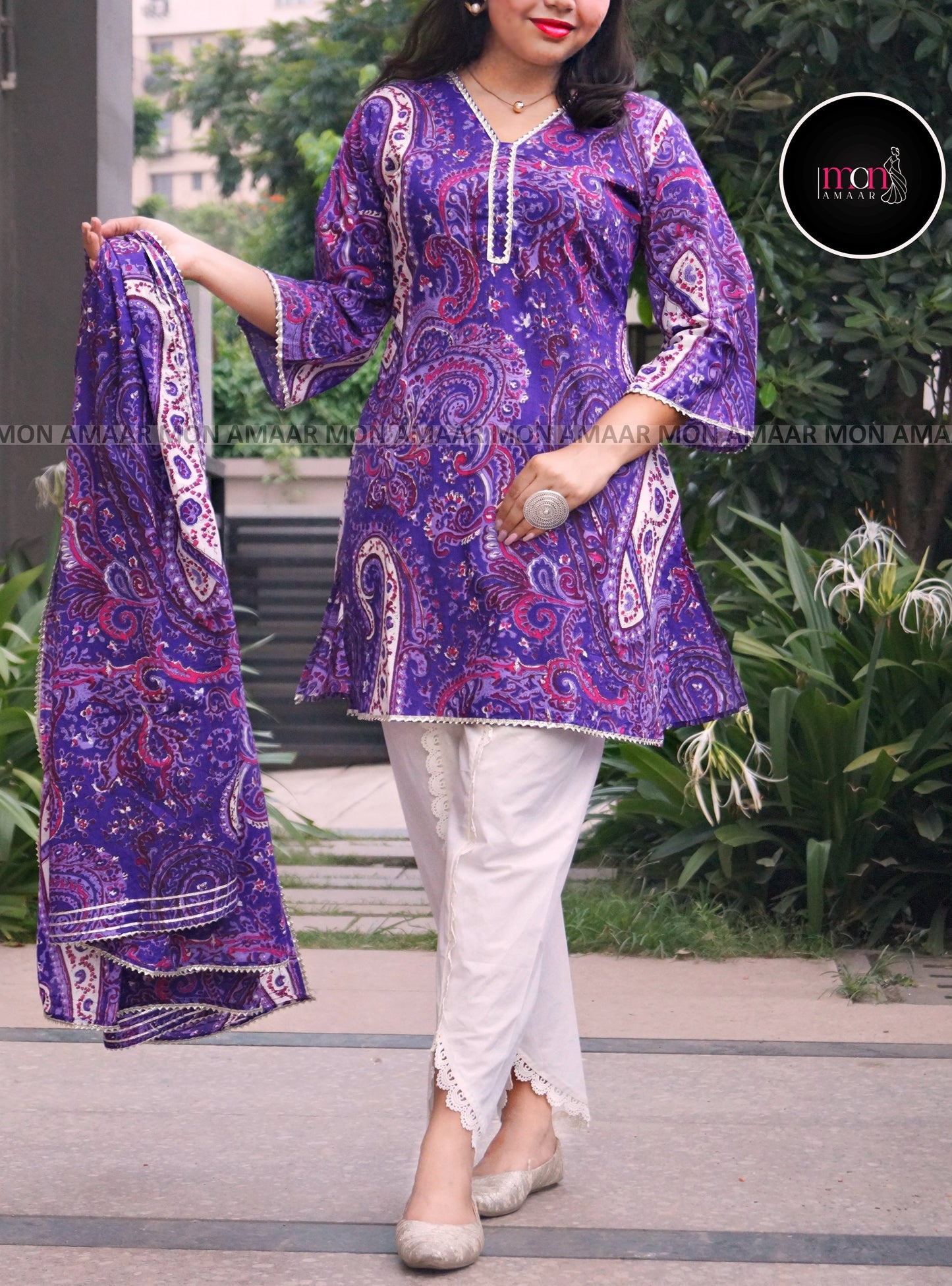 Purple Heart Cotton kurti Set - With Tulip Style Pant