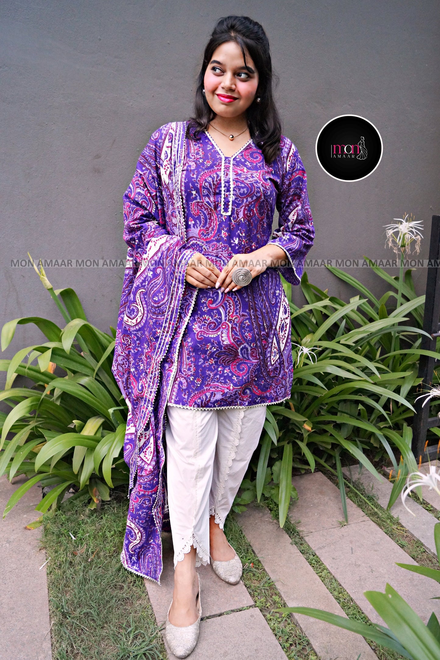 Purple Heart Cotton kurti Set - With Tulip Style Pant