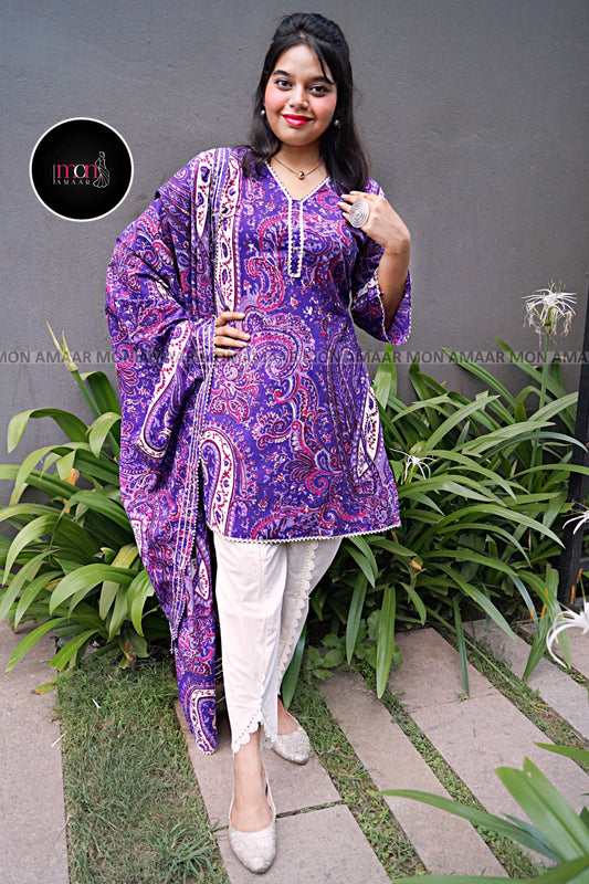 Purple Heart Cotton kurti Set - With Tulip Style Pant