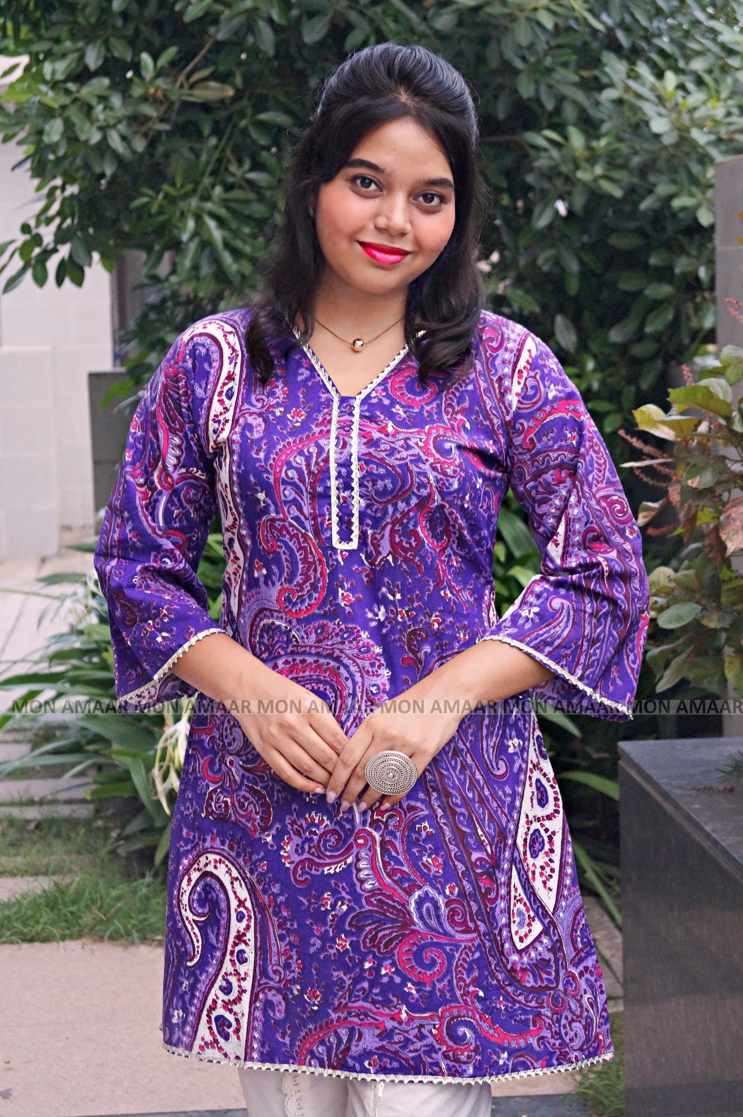 Purple Heart Cotton kurti Set - With Tulip Style Pant