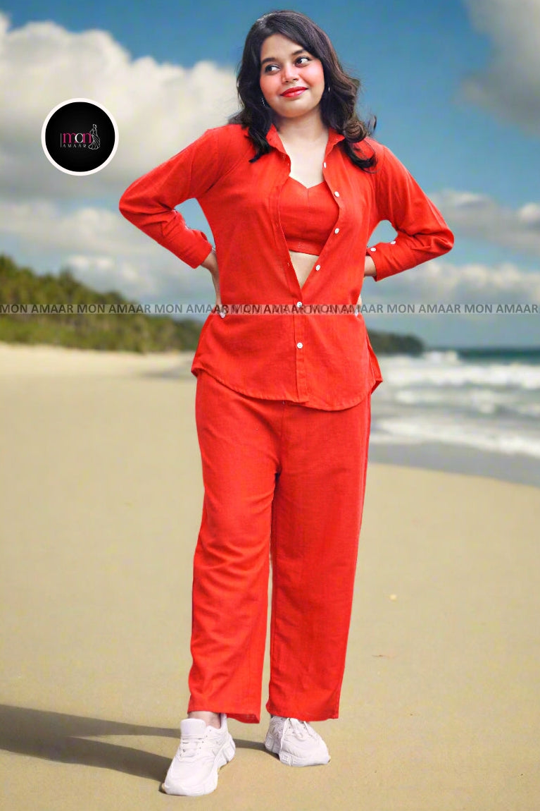 Retro Riser - Cotton Coord Set[ Top , Shirt , Pant]