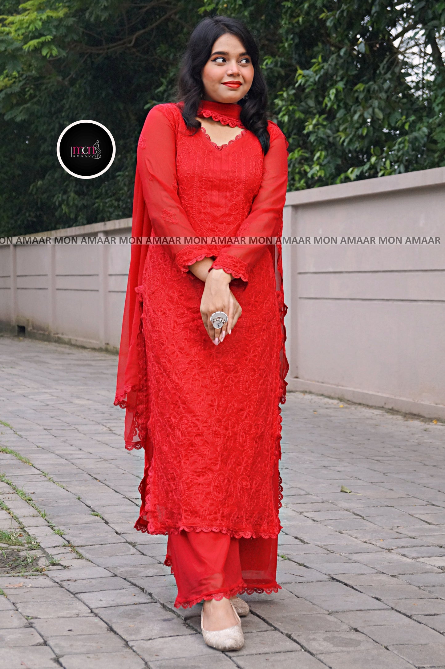 Falling In Love- Georgette Red Kurti Set