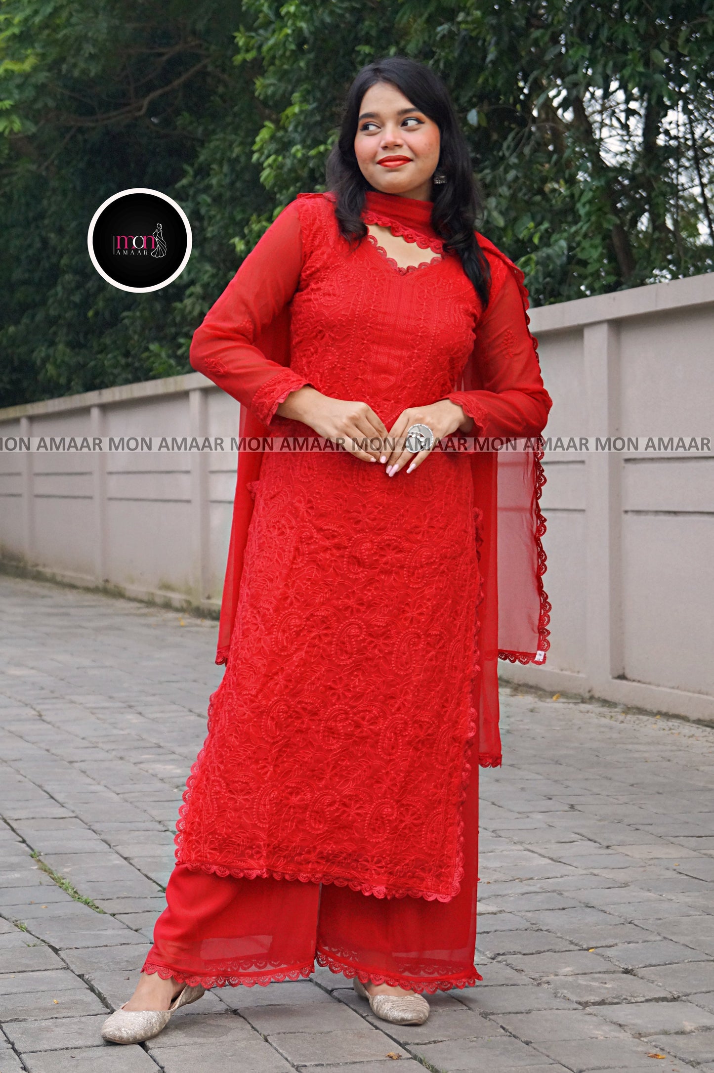 Falling In Love- Georgette Red Kurti Set