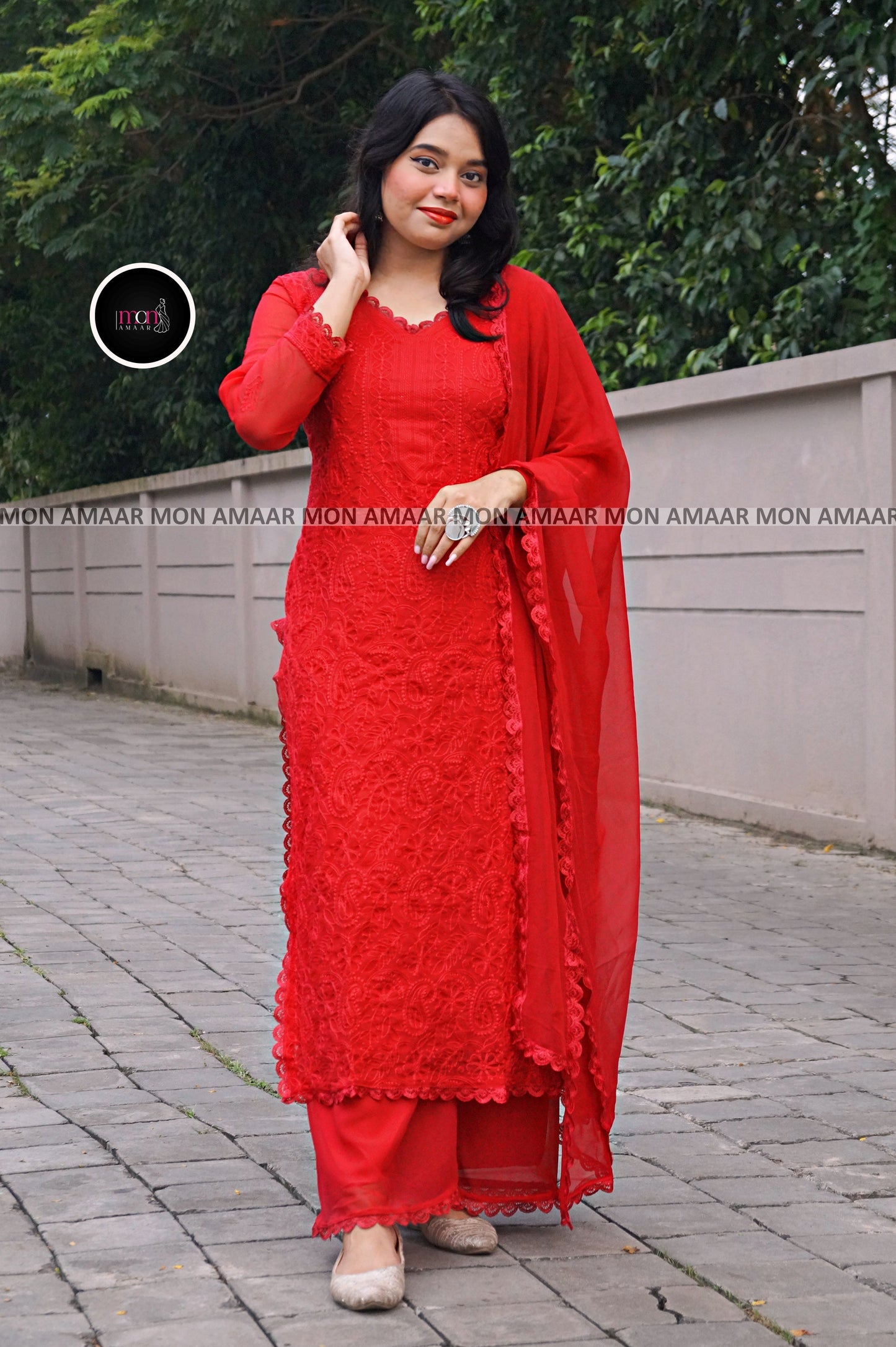 Falling In Love- Georgette Red Kurti Set