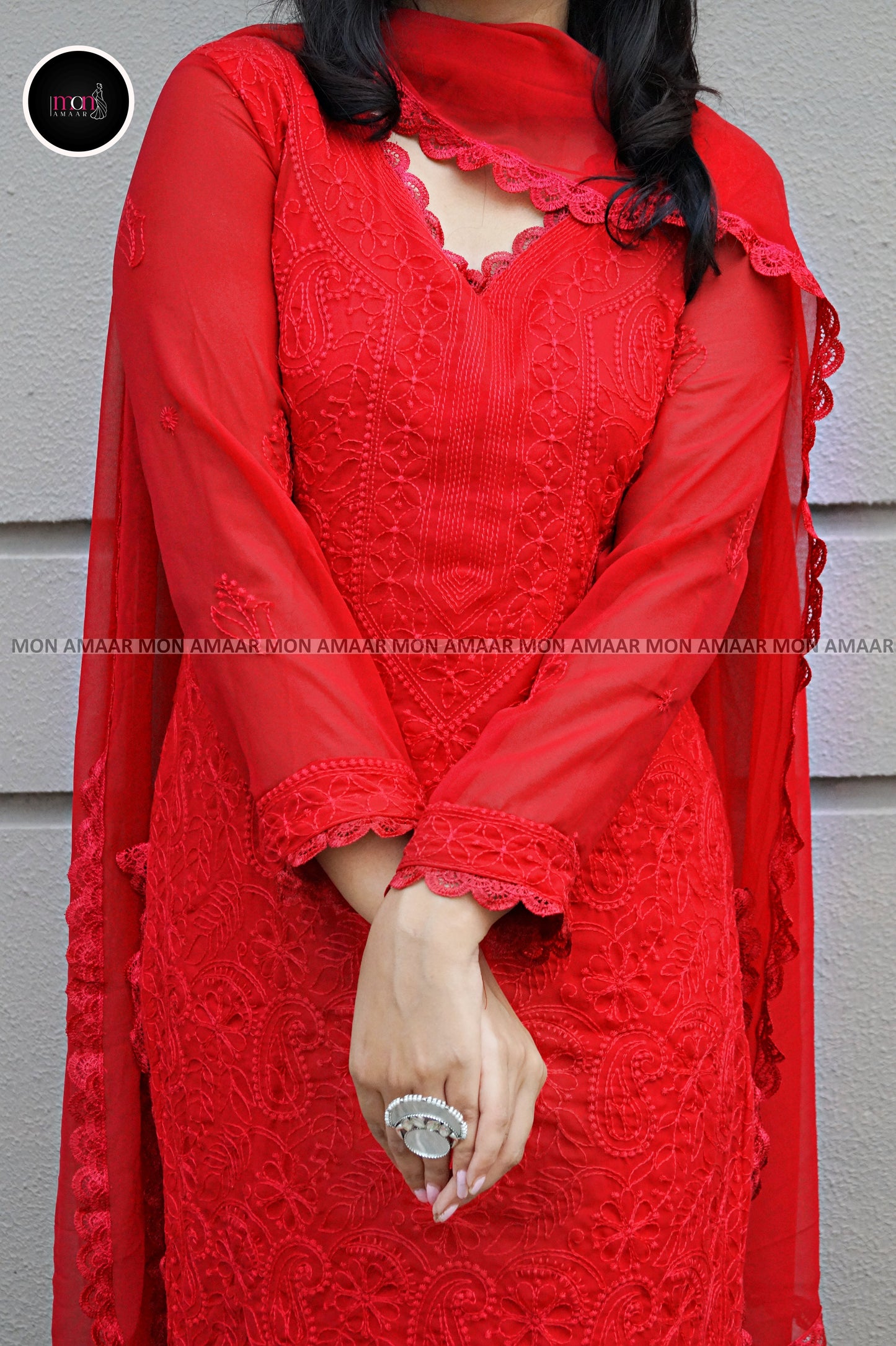 Falling In Love- Georgette Red Kurti Set