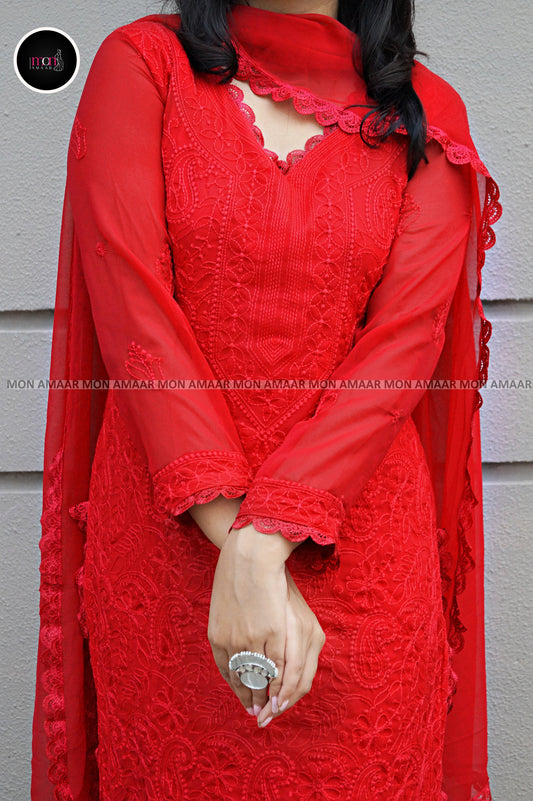 Falling In Love- Georgette Red Kurti Set