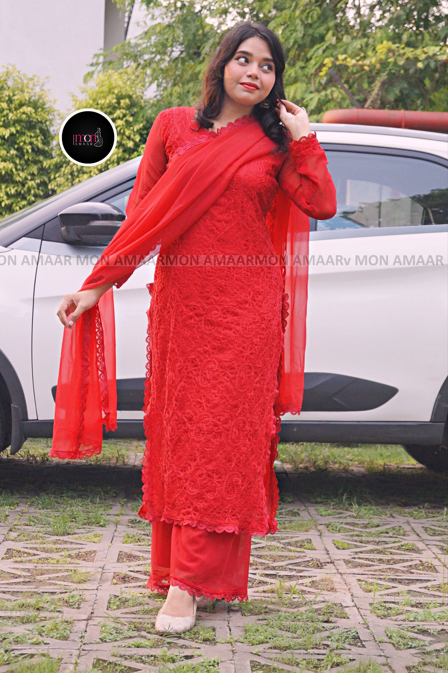 Falling In Love- Georgette Red Kurti Set