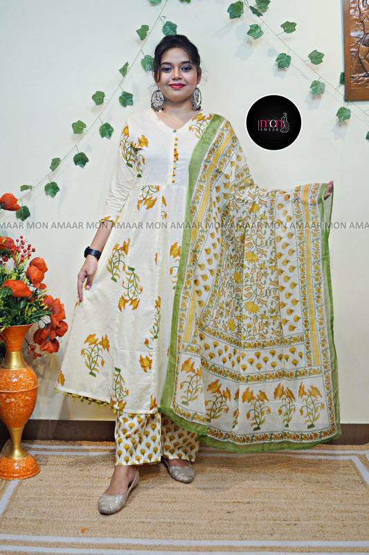 Floral Mist- Printed Cotton Kurti Set