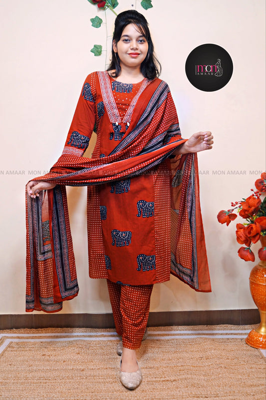 Prints Of Elephant-Cotton Kurti Set