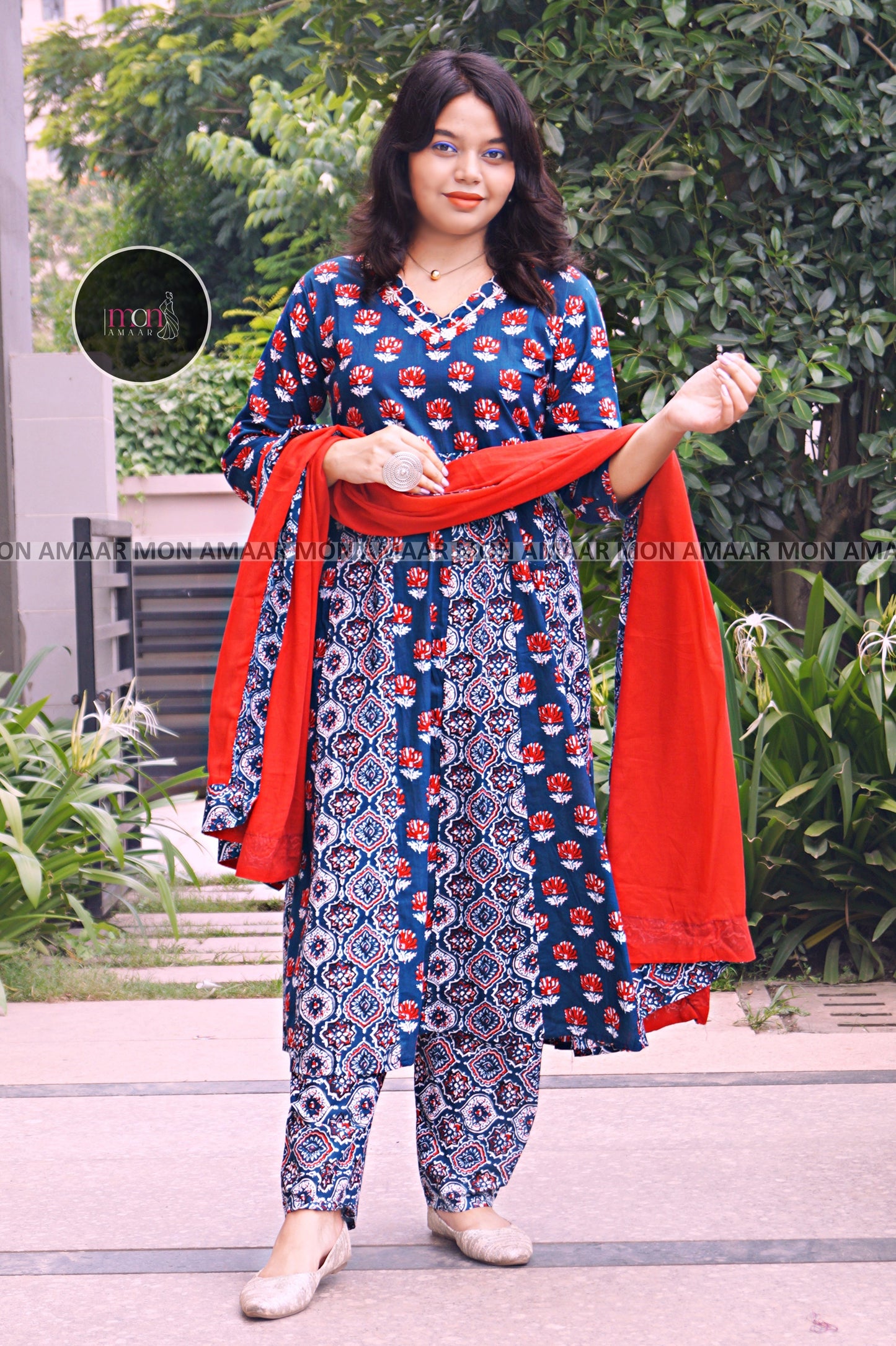 Blue Frame- Ajrakh Cotton Kurti Set