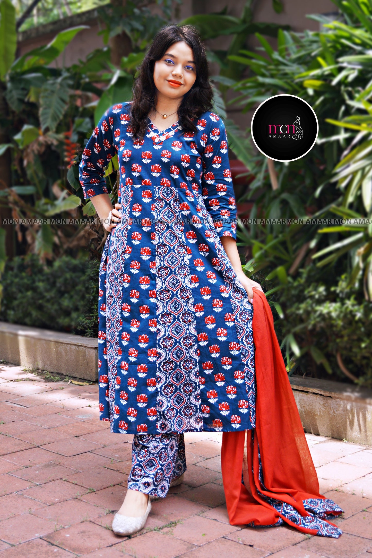 Blue Frame- Ajrakh Cotton Kurti Set