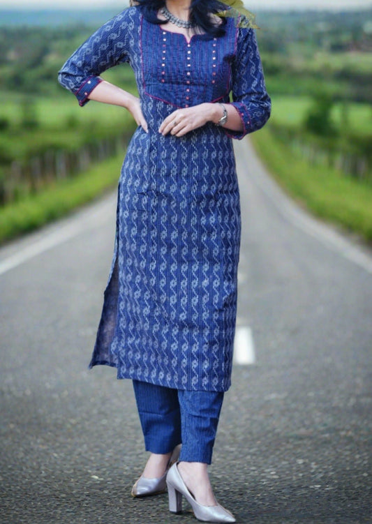 Blue League Cotton Kurti Set