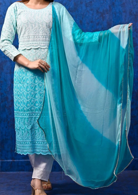 Inspiring Feroza Blue Double shaded Schiffli Chikankari suit set