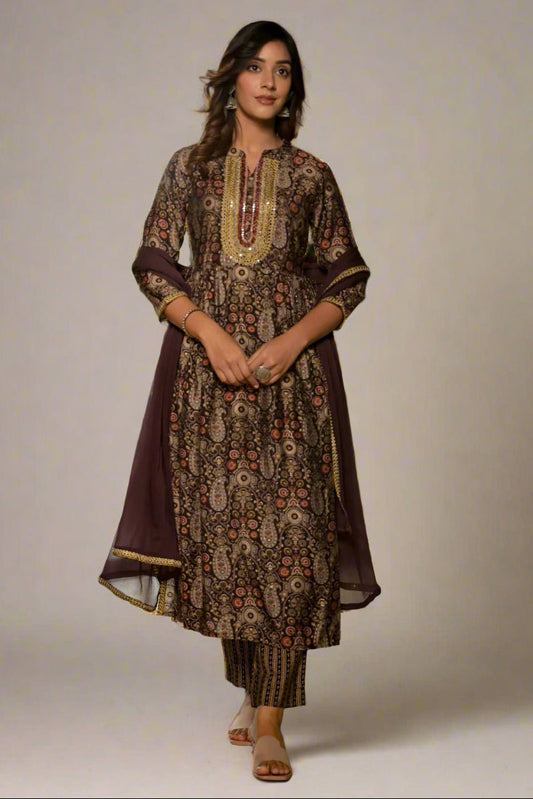 Paisley Fusion Printed Muslin Party Wear Kurti Set