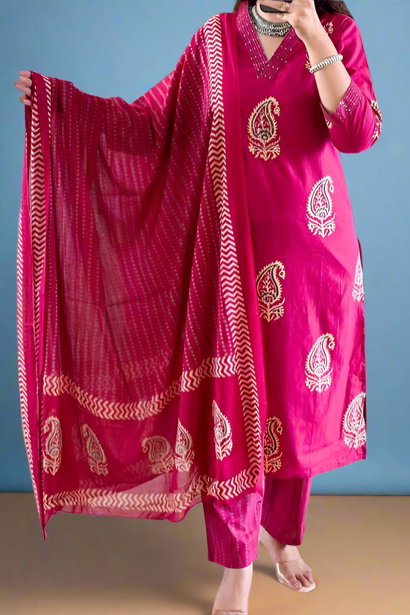 Pink Carnation Cotton Kurti Set