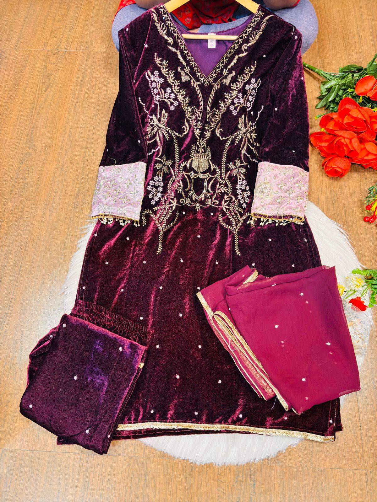 Whirls Of Color Designer Velvet Suit Set