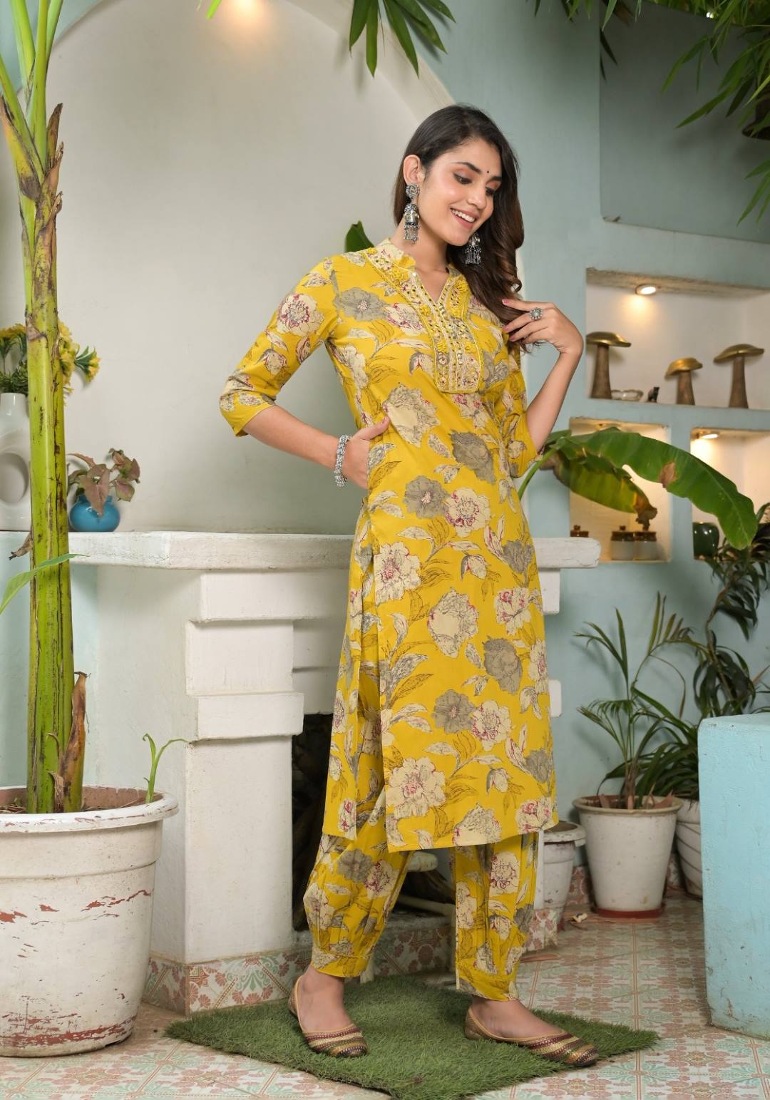 Shredded Leaves Cotton Kurti Set