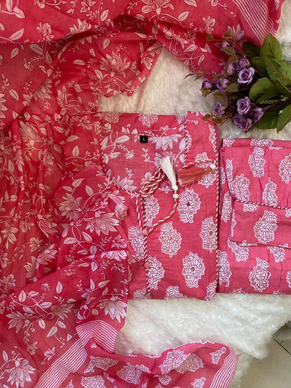 Blushing Pink  Cotton Afghani Kurti Set