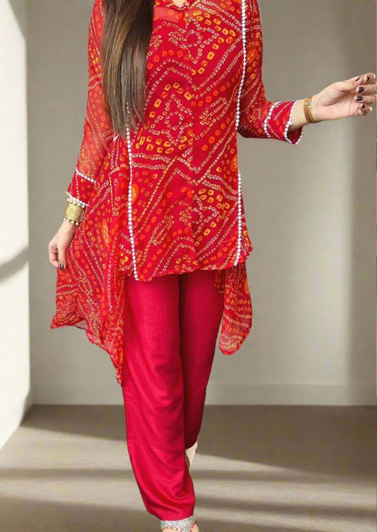 Red Bandhani Georgette Kurti Set