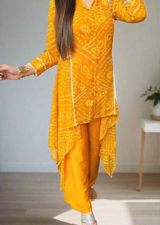 Yellow Bandhani Georgette Kurti Set